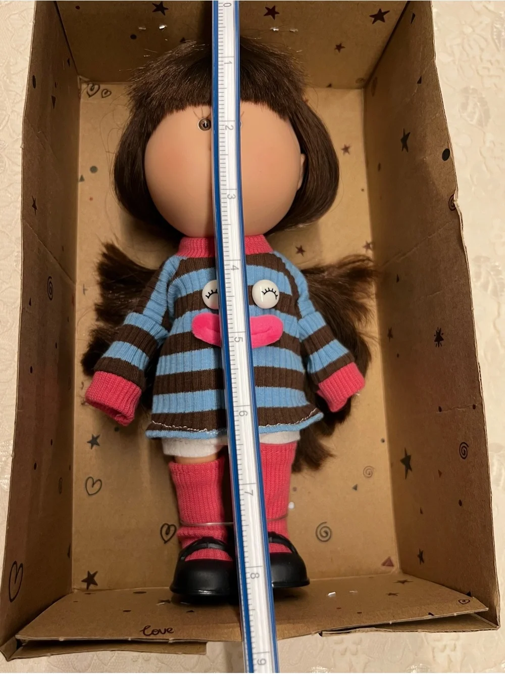 New, Mia Brown Hair Doll in Blue & Brown Striped Outfit with Pink Accents